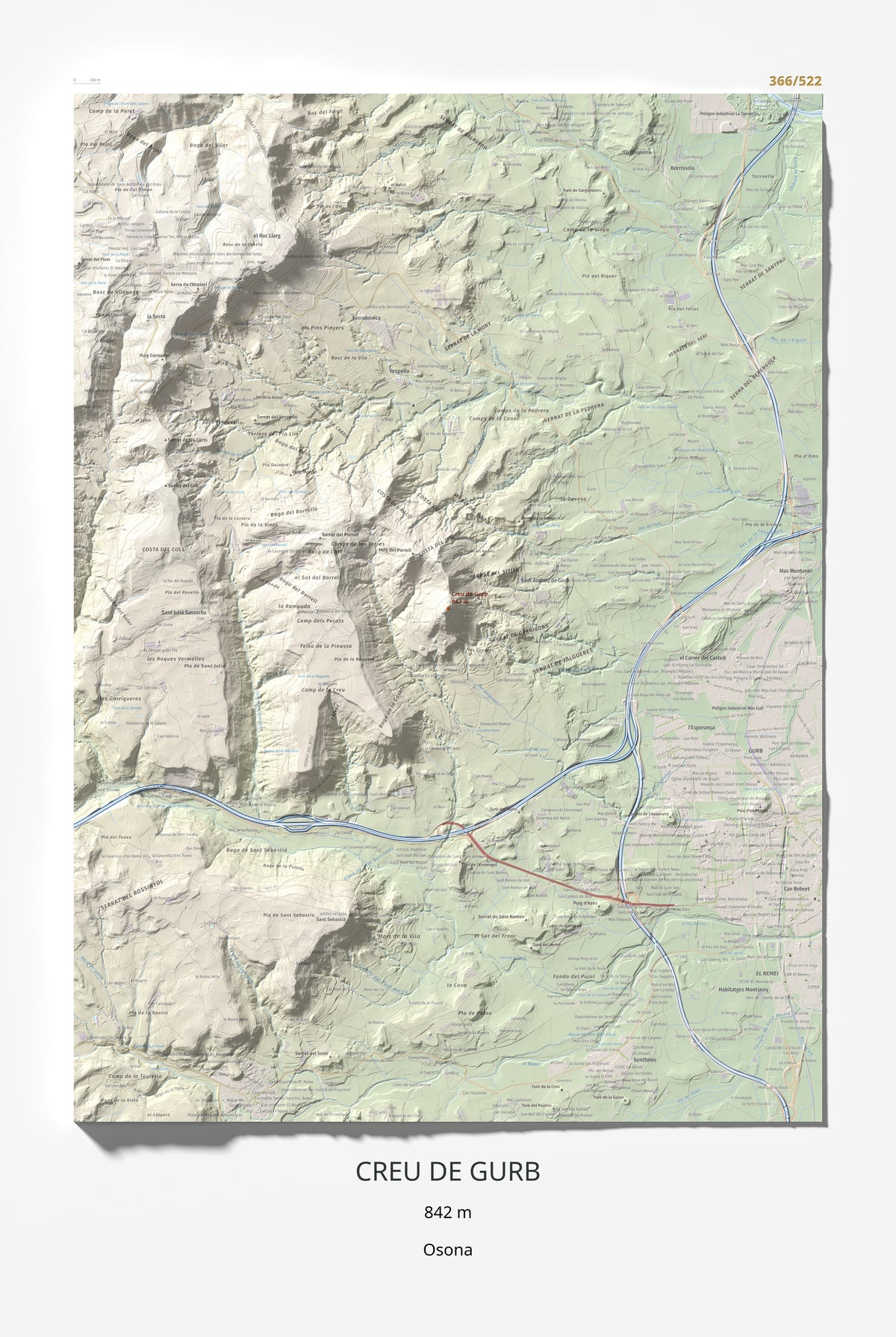 Mapa de relieve de Creu de Gurb, 842 m, Osona, lámina 100 Cims de Trobart 61 × 91 cm.