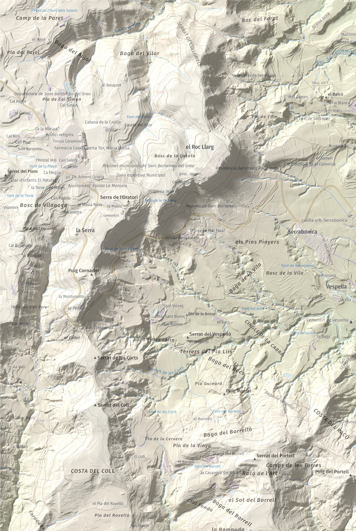 Mapa de relieve de Creu de Gurb, 842 m, Osona, lámina 100 Cims de Trobart. Detalle de la zona superior izquierda. 61 × 91 cm.