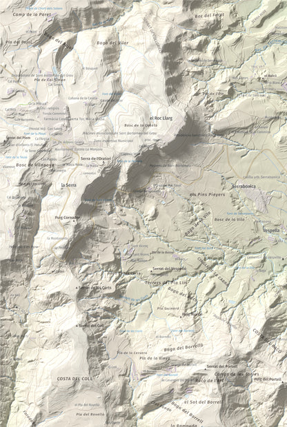 Mapa de relieve de Creu de Gurb, 842 m, Osona, lámina 100 Cims de Trobart. Detalle de la zona superior izquierda. 61 × 91 cm.