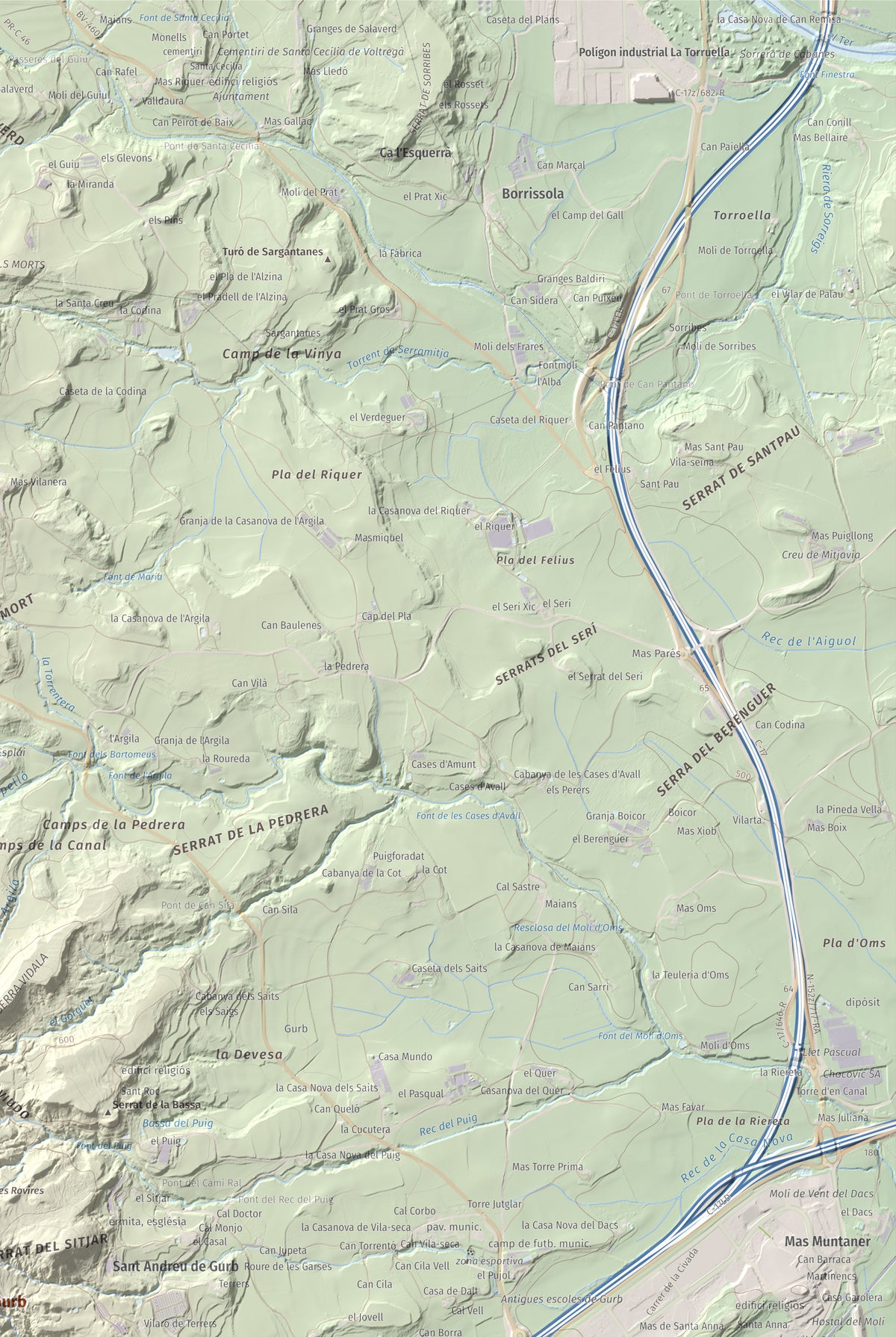 Mapa de relieve de Creu de Gurb, 842 m, Osona, lámina 100 Cims de Trobart. Detalle de la zona superior derecha. 61 × 91 cm.