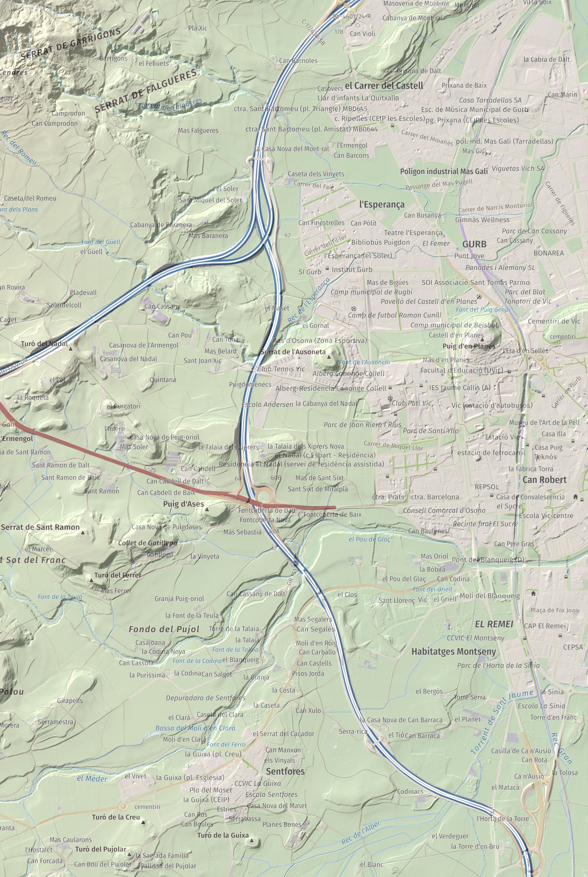 Mapa de relieve de Creu de Gurb, 842 m, Osona, lámina 100 Cims de Trobart. Detalle de la zona inferior derecha. 61 × 91 cm.
