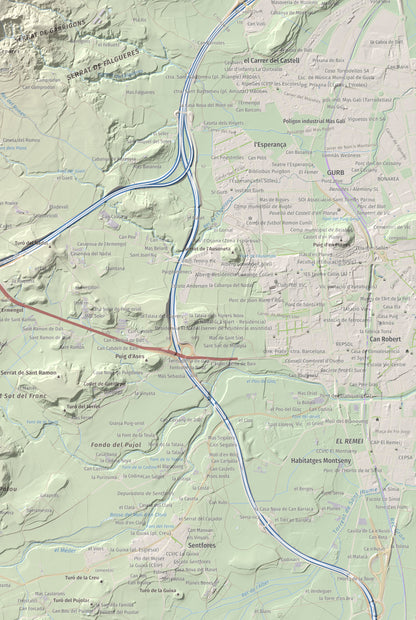 Mapa de relieve de Creu de Gurb, 842 m, Osona, lámina 100 Cims de Trobart. Detalle de la zona inferior derecha. 61 × 91 cm.