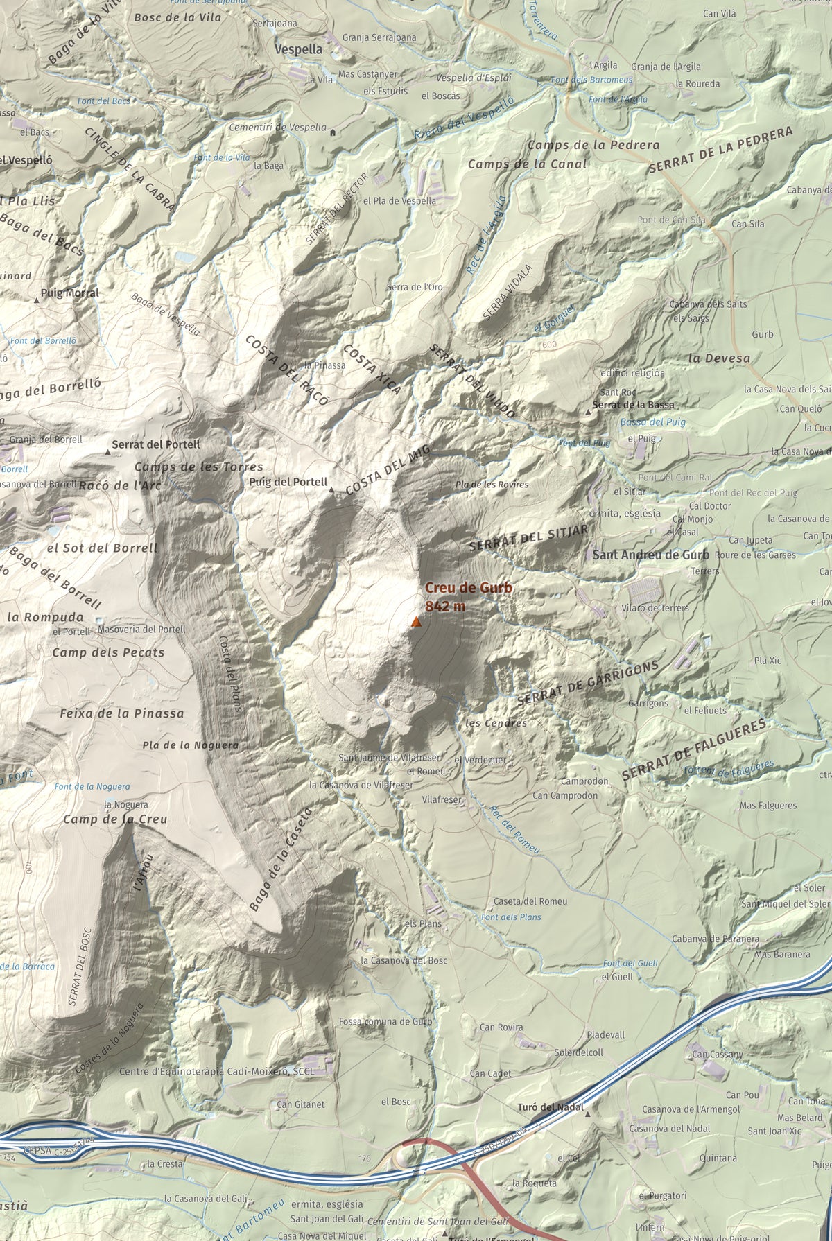 Mapa de relieve de Creu de Gurb, 842 m, Osona, lámina 100 Cims de Trobart. Detalle de la zona central. 61 × 91 cm.