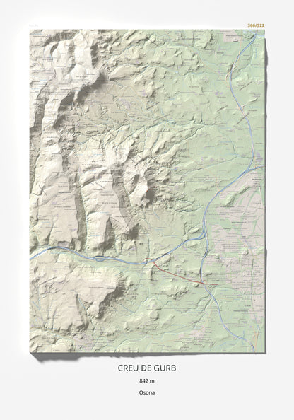 Mapa de relieve de Creu de Gurb, 842 m, Osona, lámina 100 Cims de Trobart 70 × 100 cm.
