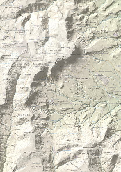 Mapa de relieve de Creu de Gurb, 842 m, Osona, lámina 100 Cims de Trobart. Detalle de la zona superior izquierda. 70 × 100 cm.