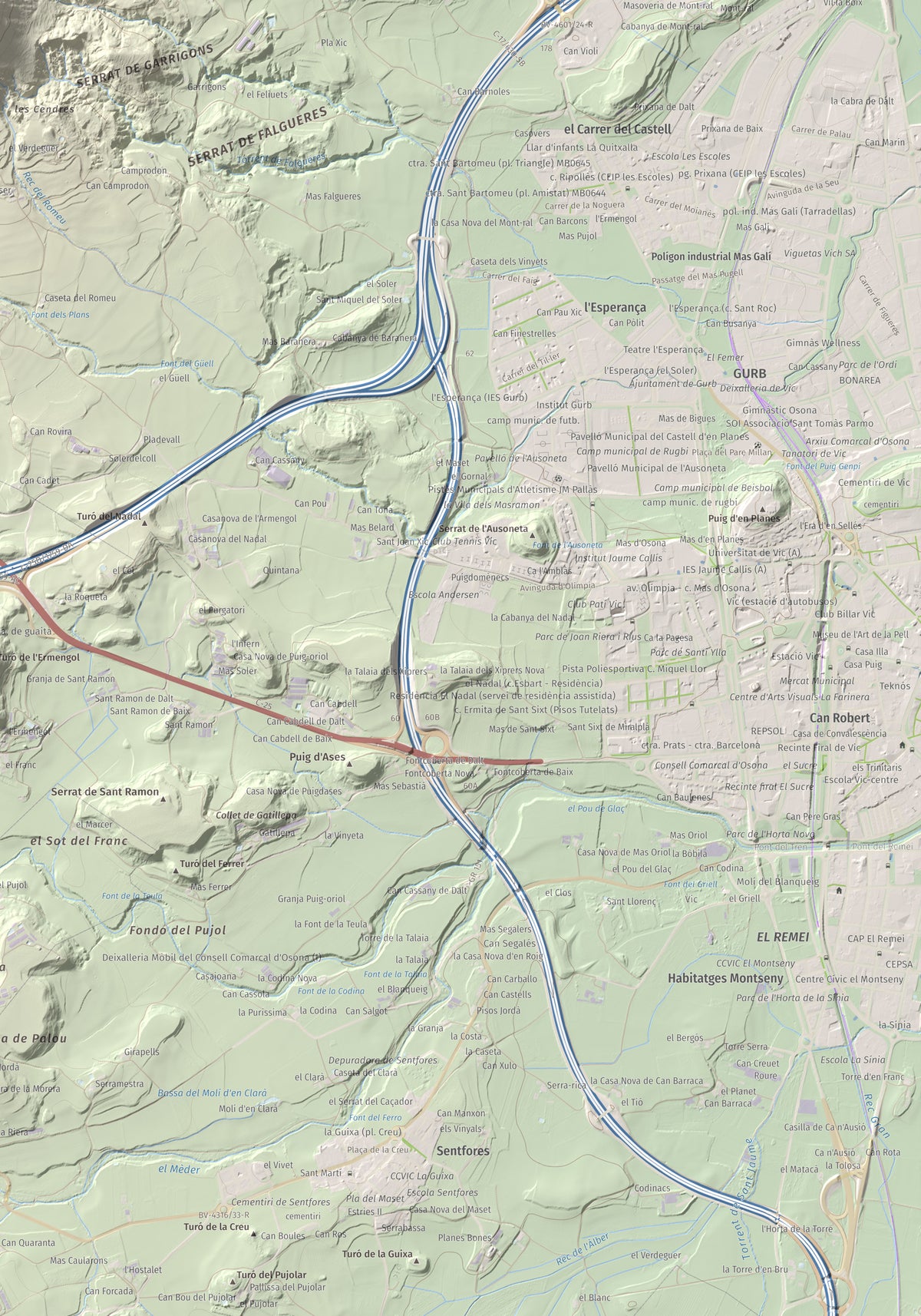 Mapa de relieve de Creu de Gurb, 842 m, Osona, lámina 100 Cims de Trobart. Detalle de la zona inferior derecha. 70 × 100 cm.