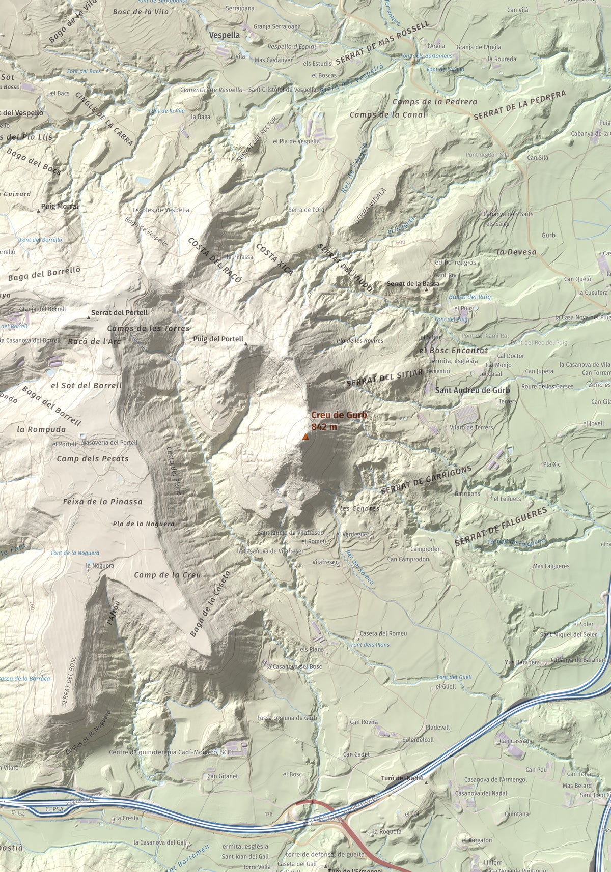 Mapa de relieve de Creu de Gurb, 842 m, Osona, lámina 100 Cims de Trobart. Detalle de la zona central. 70 × 100 cm.