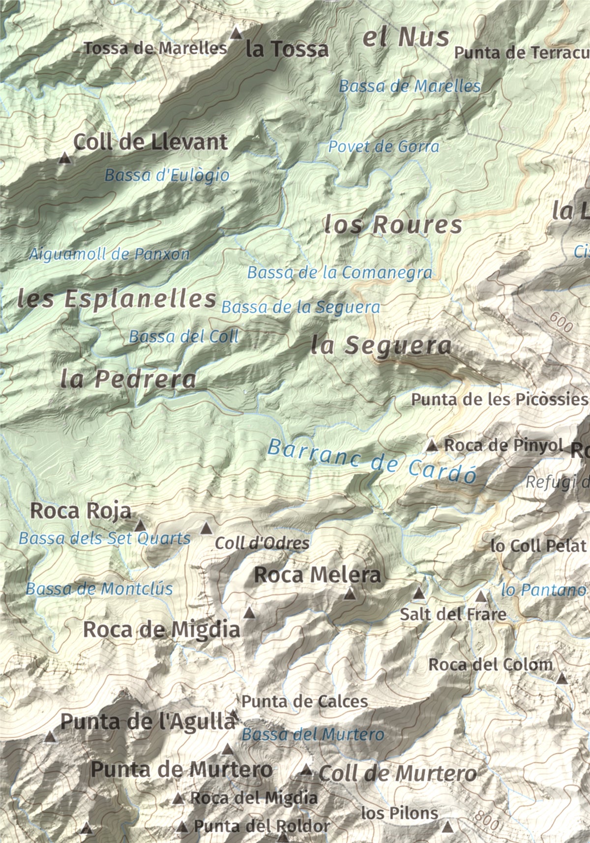 Mapa de relieve de Creu de Santos, 942 m, Baix Ebre · Ribera d'Ebre, lámina 100 Cims de Trobart. Detalle de la zona superior izquierda. 21 × 30 cm.