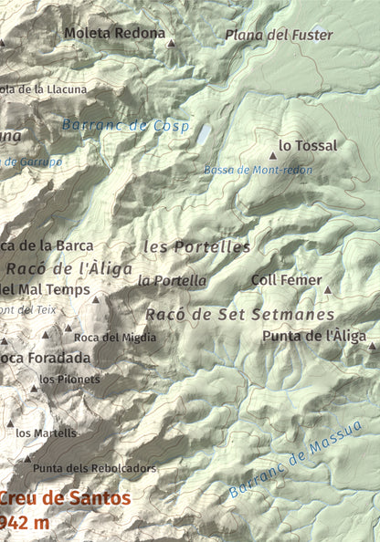 Mapa de relieve de Creu de Santos, 942 m, Baix Ebre · Ribera d'Ebre, lámina 100 Cims de Trobart. Detalle de la zona superior derecha. 21 × 30 cm.