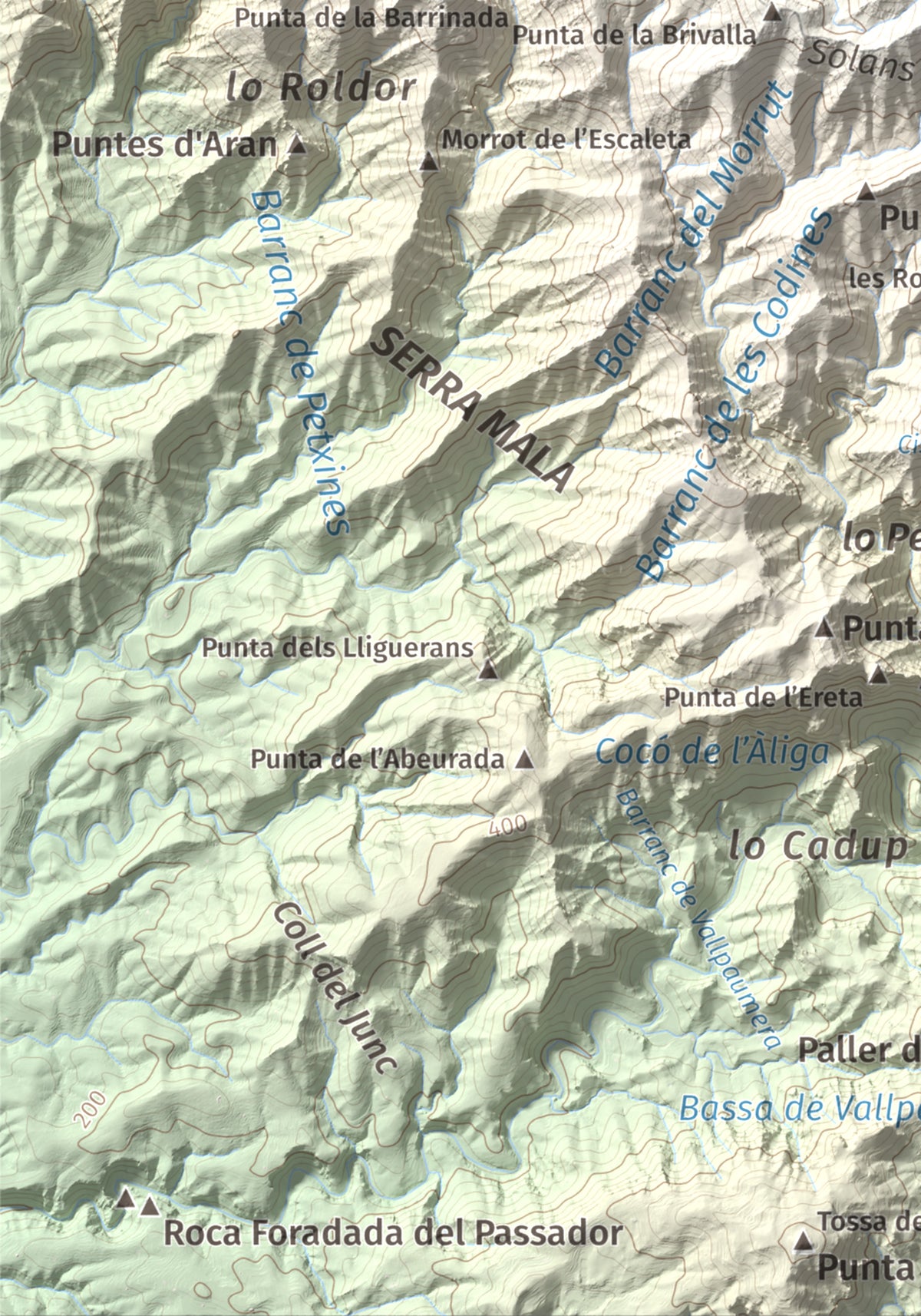 Mapa de relieve de Creu de Santos, 942 m, Baix Ebre · Ribera d'Ebre, lámina 100 Cims de Trobart. Detalle de la zona inferior izquierda. 21 × 30 cm.