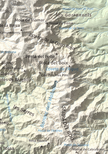 Mapa de relieve de Creu de Santos, 942 m, Baix Ebre · Ribera d'Ebre, lámina 100 Cims de Trobart. Detalle de la zona inferior derecha. 21 × 30 cm.