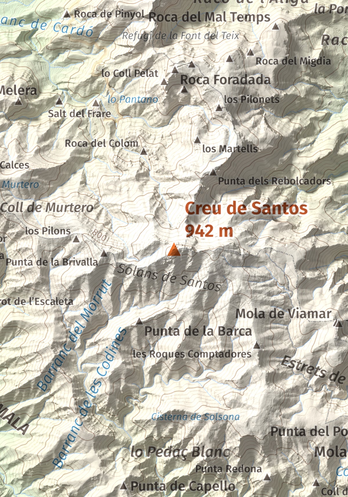 Mapa de relieve de Creu de Santos, 942 m, Baix Ebre · Ribera d'Ebre, lámina 100 Cims de Trobart. Detalle de la zona central. 21 × 30 cm.