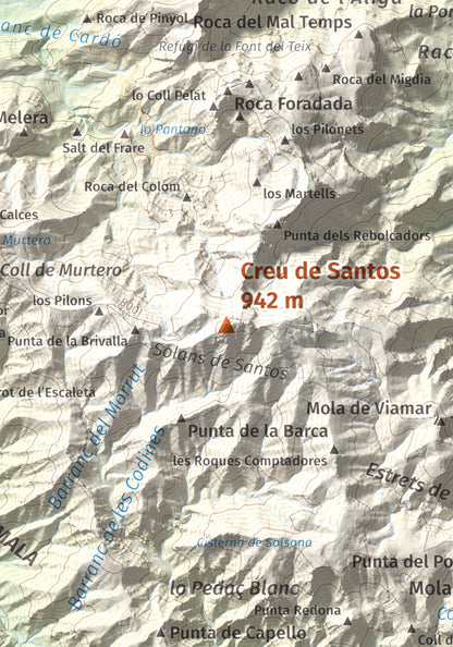Mapa de relieve de Creu de Santos, 942 m, Baix Ebre · Ribera d'Ebre, lámina 100 Cims de Trobart. Detalle de la zona central. 21 × 30 cm.