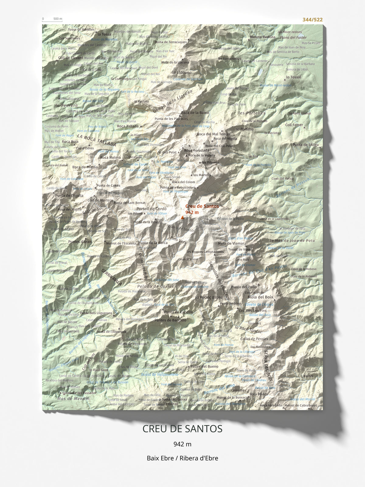 Mapa de relieve de Creu de Santos, 942 m, Baix Ebre · Ribera d'Ebre, lámina 100 Cims de Trobart 30 × 40 cm.