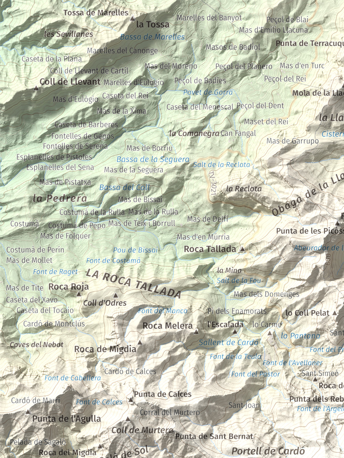 Mapa de relieve de Creu de Santos, 942 m, Baix Ebre · Ribera d'Ebre, lámina 100 Cims de Trobart. Detalle de la zona superior izquierda. 30 × 40 cm.