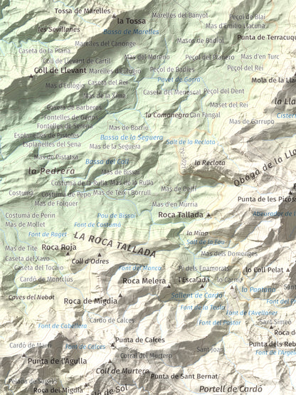 Mapa de relieve de Creu de Santos, 942 m, Baix Ebre · Ribera d'Ebre, lámina 100 Cims de Trobart. Detalle de la zona superior izquierda. 30 × 40 cm.
