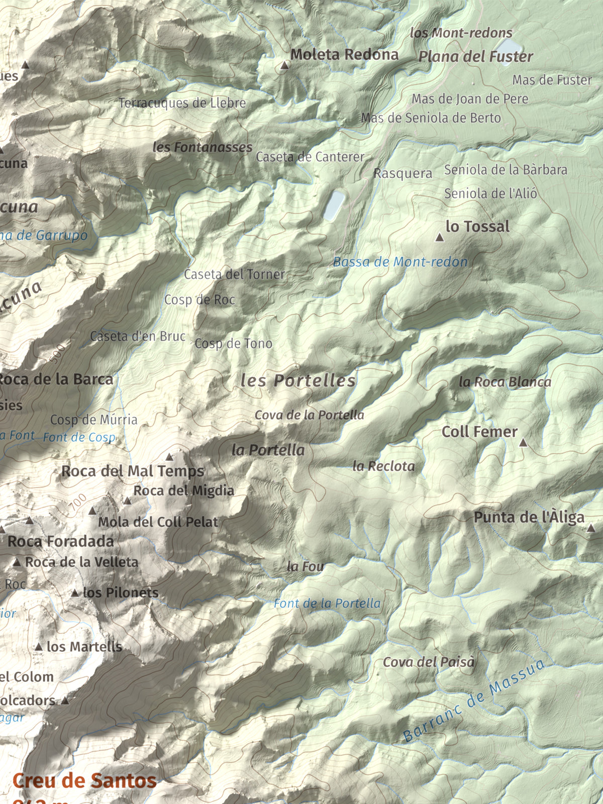 Mapa de relieve de Creu de Santos, 942 m, Baix Ebre · Ribera d'Ebre, lámina 100 Cims de Trobart. Detalle de la zona superior derecha. 30 × 40 cm.