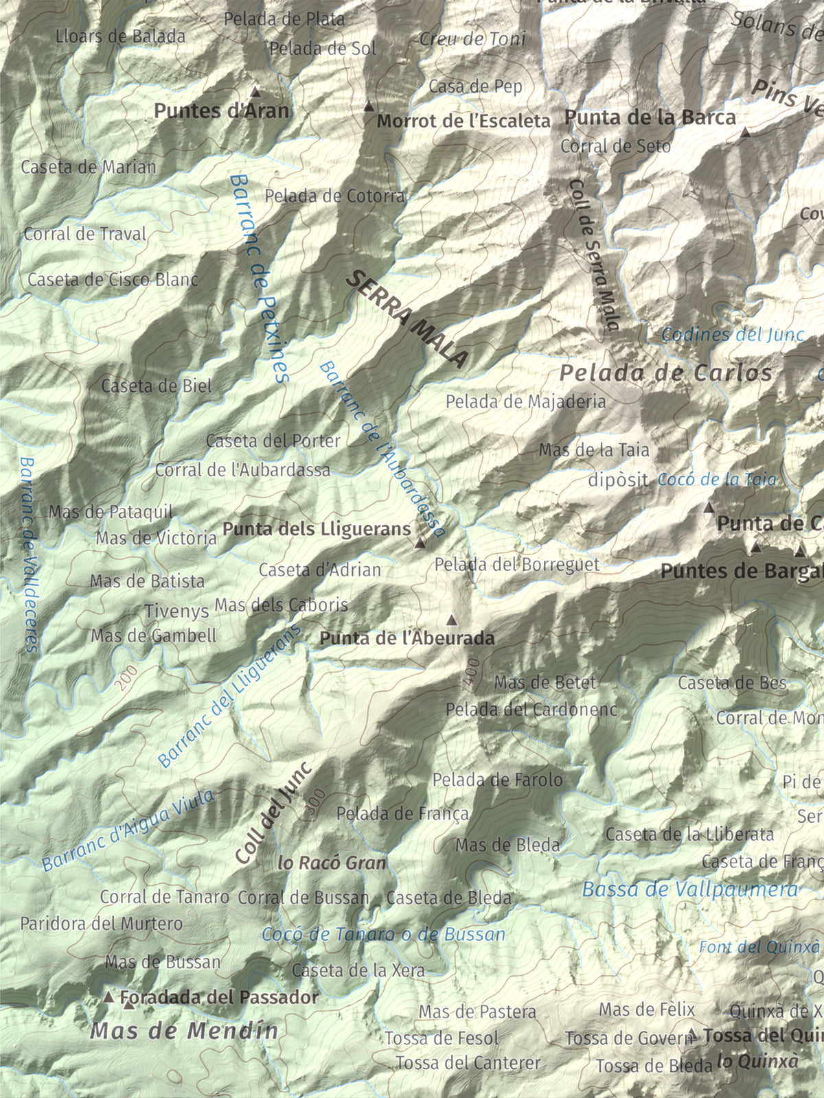 Mapa de relieve de Creu de Santos, 942 m, Baix Ebre · Ribera d'Ebre, lámina 100 Cims de Trobart. Detalle de la zona inferior izquierda. 30 × 40 cm.
