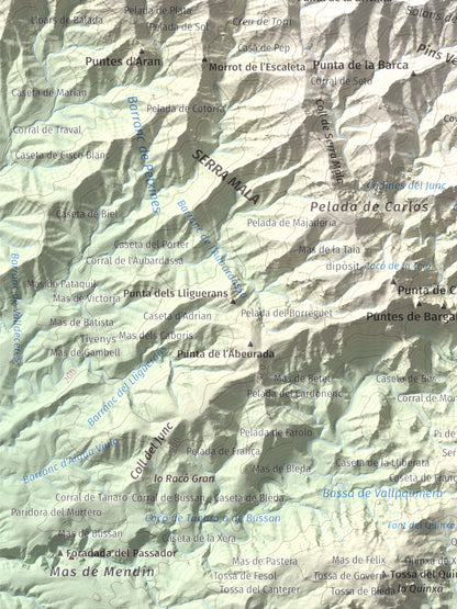 Mapa de relieve de Creu de Santos, 942 m, Baix Ebre · Ribera d'Ebre, lámina 100 Cims de Trobart. Detalle de la zona inferior izquierda. 30 × 40 cm.