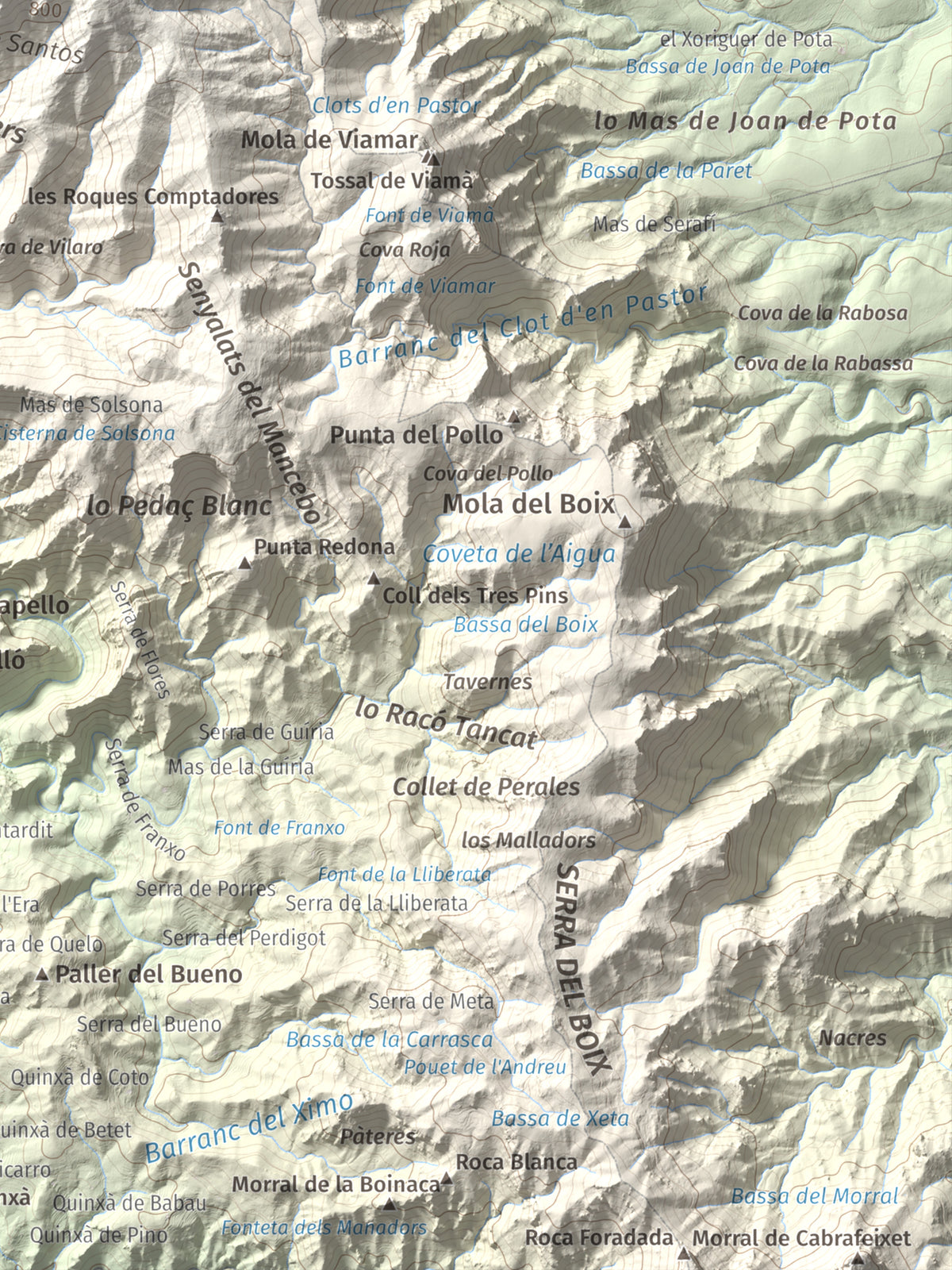 Mapa de relieve de Creu de Santos, 942 m, Baix Ebre · Ribera d'Ebre, lámina 100 Cims de Trobart. Detalle de la zona inferior derecha. 30 × 40 cm.