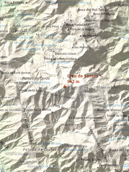 Mapa de relieve de Creu de Santos, 942 m, Baix Ebre · Ribera d'Ebre, lámina 100 Cims de Trobart. Detalle de la zona central. 30 × 40 cm.