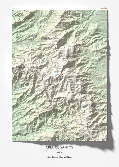 Mapa de relieve de Creu de Santos, 942 m, Baix Ebre · Ribera d'Ebre, lámina 100 Cims de Trobart 50 × 70 cm.