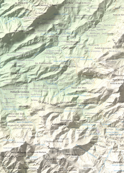 Mapa de relieve de Creu de Santos, 942 m, Baix Ebre · Ribera d'Ebre, lámina 100 Cims de Trobart. Detalle de la zona superior izquierda. 50 × 70 cm.