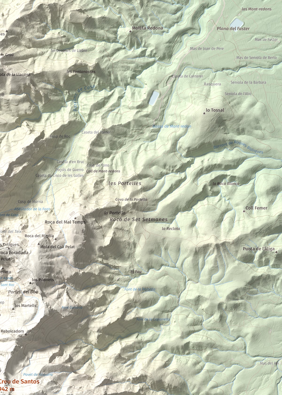 Mapa de relieve de Creu de Santos, 942 m, Baix Ebre · Ribera d'Ebre, lámina 100 Cims de Trobart. Detalle de la zona superior derecha. 50 × 70 cm.