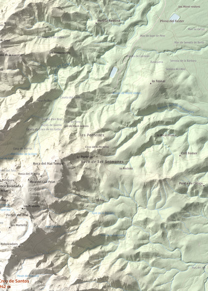 Mapa de relieve de Creu de Santos, 942 m, Baix Ebre · Ribera d'Ebre, lámina 100 Cims de Trobart. Detalle de la zona superior derecha. 50 × 70 cm.