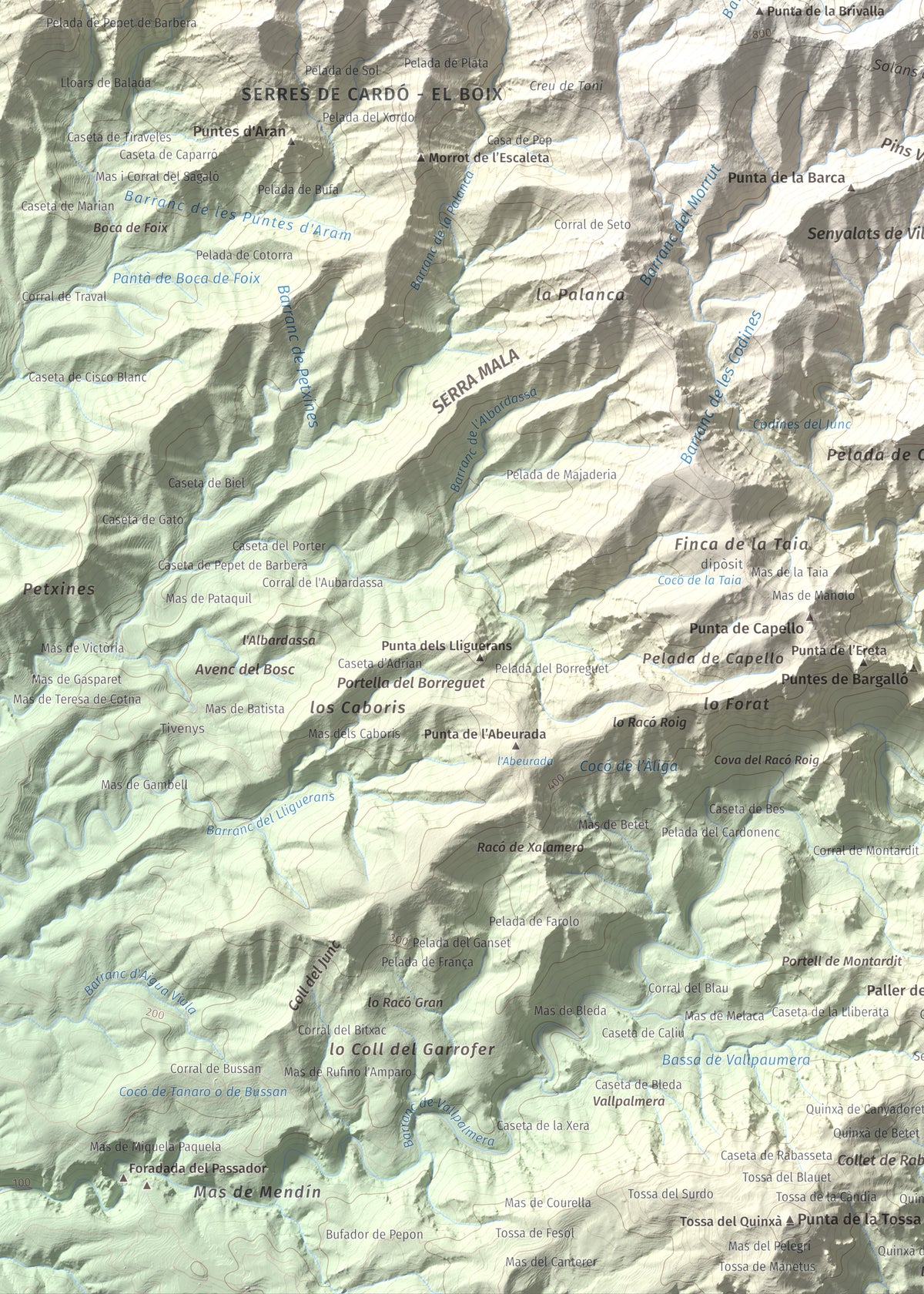 Mapa de relieve de Creu de Santos, 942 m, Baix Ebre · Ribera d'Ebre, lámina 100 Cims de Trobart. Detalle de la zona inferior izquierda. 50 × 70 cm.
