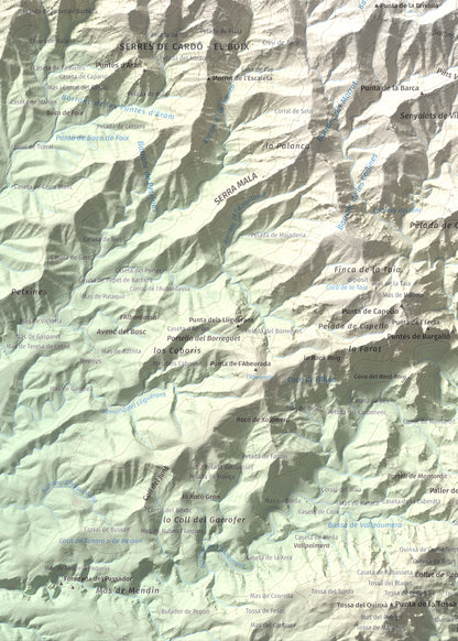 Mapa de relieve de Creu de Santos, 942 m, Baix Ebre · Ribera d'Ebre, lámina 100 Cims de Trobart. Detalle de la zona inferior izquierda. 50 × 70 cm.