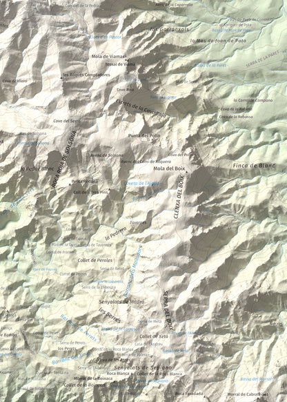 Mapa de relieve de Creu de Santos, 942 m, Baix Ebre · Ribera d'Ebre, lámina 100 Cims de Trobart. Detalle de la zona inferior derecha. 50 × 70 cm.