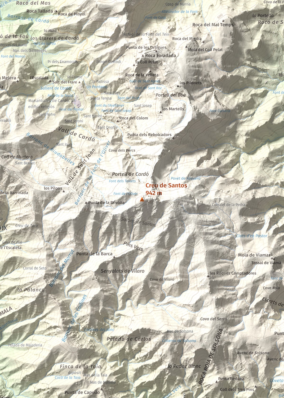 Mapa de relieve de Creu de Santos, 942 m, Baix Ebre · Ribera d'Ebre, lámina 100 Cims de Trobart. Detalle de la zona central. 50 × 70 cm.