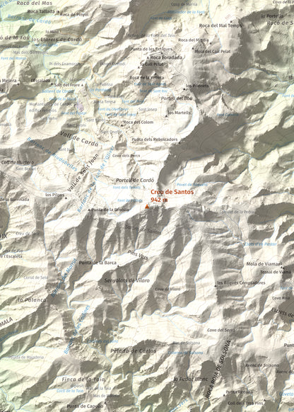 Mapa de relieve de Creu de Santos, 942 m, Baix Ebre · Ribera d'Ebre, lámina 100 Cims de Trobart. Detalle de la zona central. 50 × 70 cm.