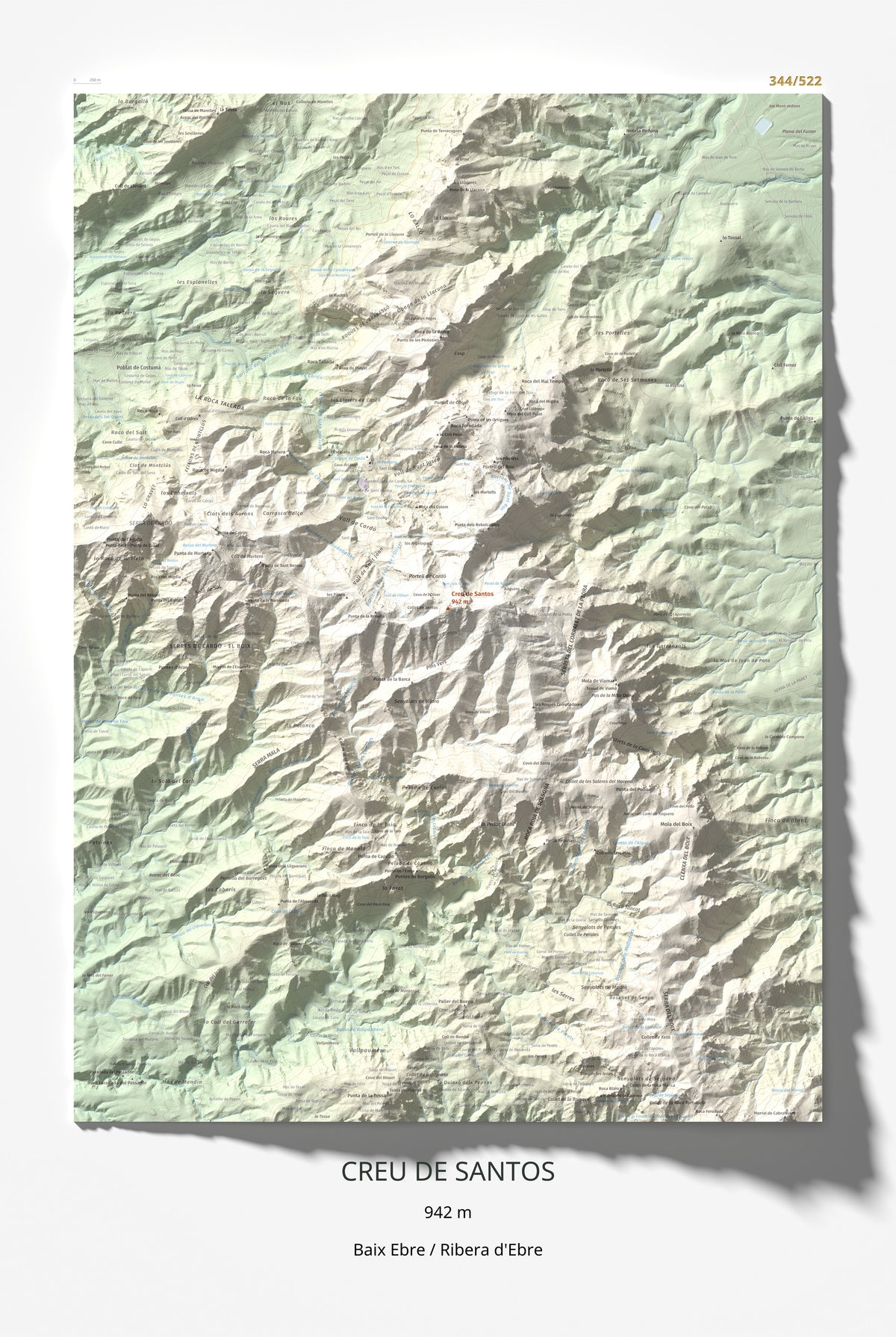 Mapa de relieve de Creu de Santos, 942 m, Baix Ebre · Ribera d'Ebre, lámina 100 Cims de Trobart 61 × 91 cm.