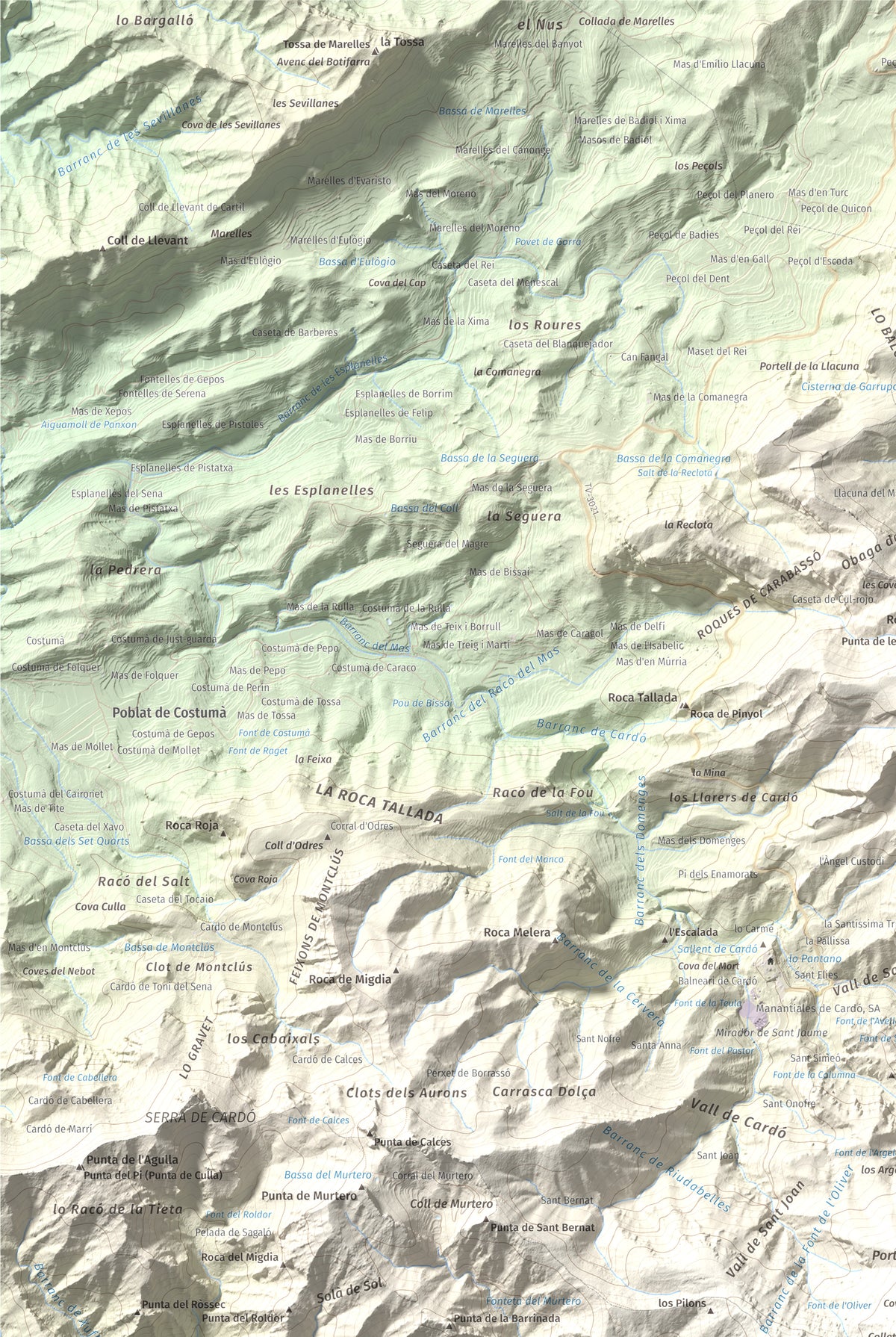 Mapa de relieve de Creu de Santos, 942 m, Baix Ebre · Ribera d'Ebre, lámina 100 Cims de Trobart. Detalle de la zona superior izquierda. 61 × 91 cm.