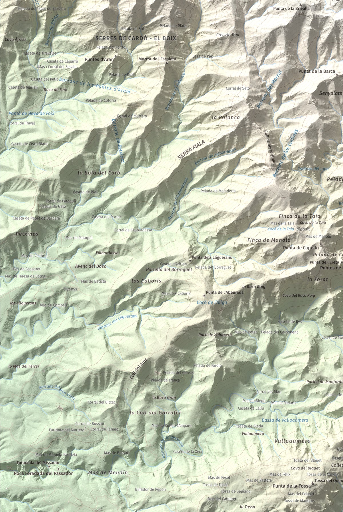 Mapa de relieve de Creu de Santos, 942 m, Baix Ebre · Ribera d'Ebre, lámina 100 Cims de Trobart. Detalle de la zona inferior izquierda. 61 × 91 cm.