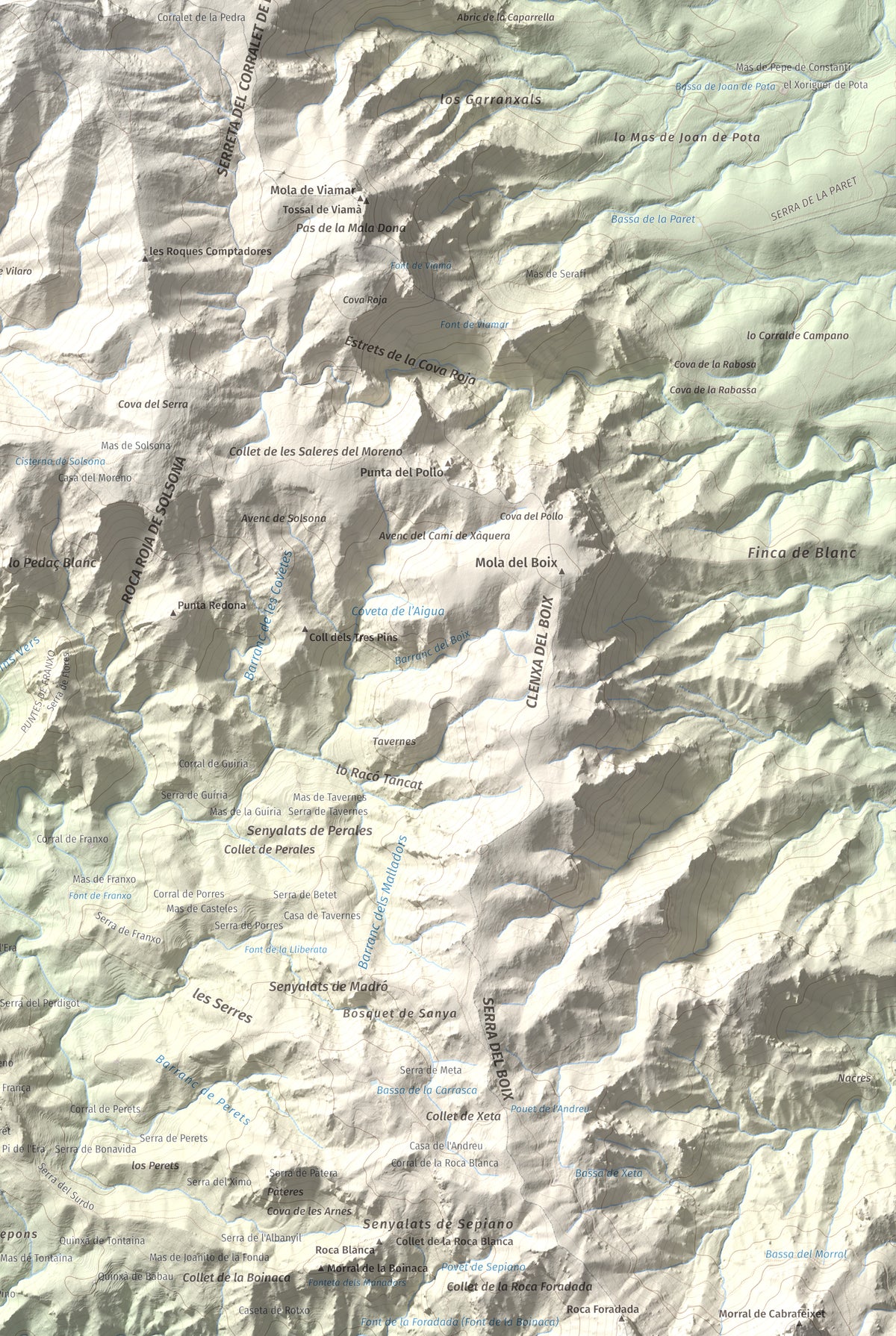 Mapa de relieve de Creu de Santos, 942 m, Baix Ebre · Ribera d'Ebre, lámina 100 Cims de Trobart. Detalle de la zona inferior derecha. 61 × 91 cm.