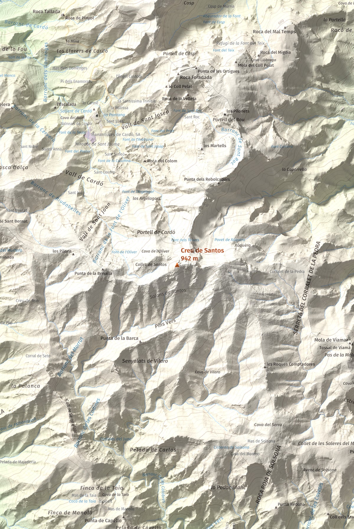 Mapa de relieve de Creu de Santos, 942 m, Baix Ebre · Ribera d'Ebre, lámina 100 Cims de Trobart. Detalle de la zona central. 61 × 91 cm.