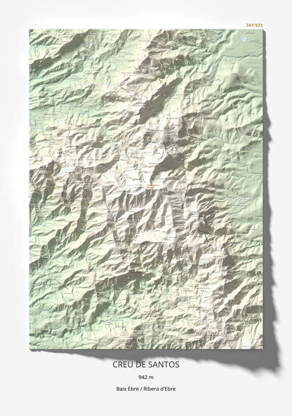 Mapa de relieve de Creu de Santos, 942 m, Baix Ebre · Ribera d'Ebre, lámina 100 Cims de Trobart 70 × 100 cm.