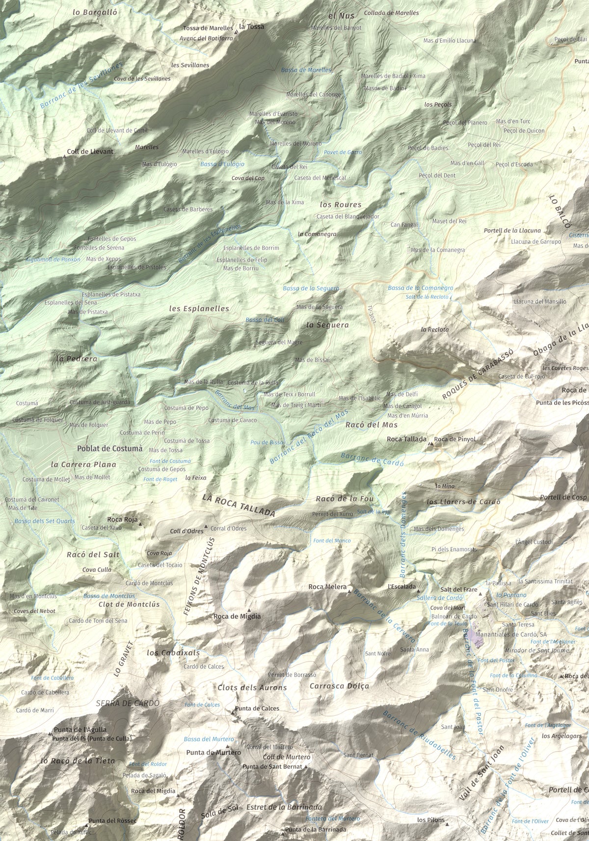 Mapa de relieve de Creu de Santos, 942 m, Baix Ebre · Ribera d'Ebre, lámina 100 Cims de Trobart. Detalle de la zona superior izquierda. 70 × 100 cm.