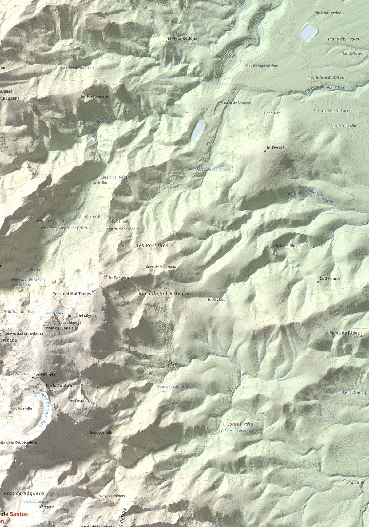 Mapa de relieve de Creu de Santos, 942 m, Baix Ebre · Ribera d'Ebre, lámina 100 Cims de Trobart. Detalle de la zona superior derecha. 70 × 100 cm.