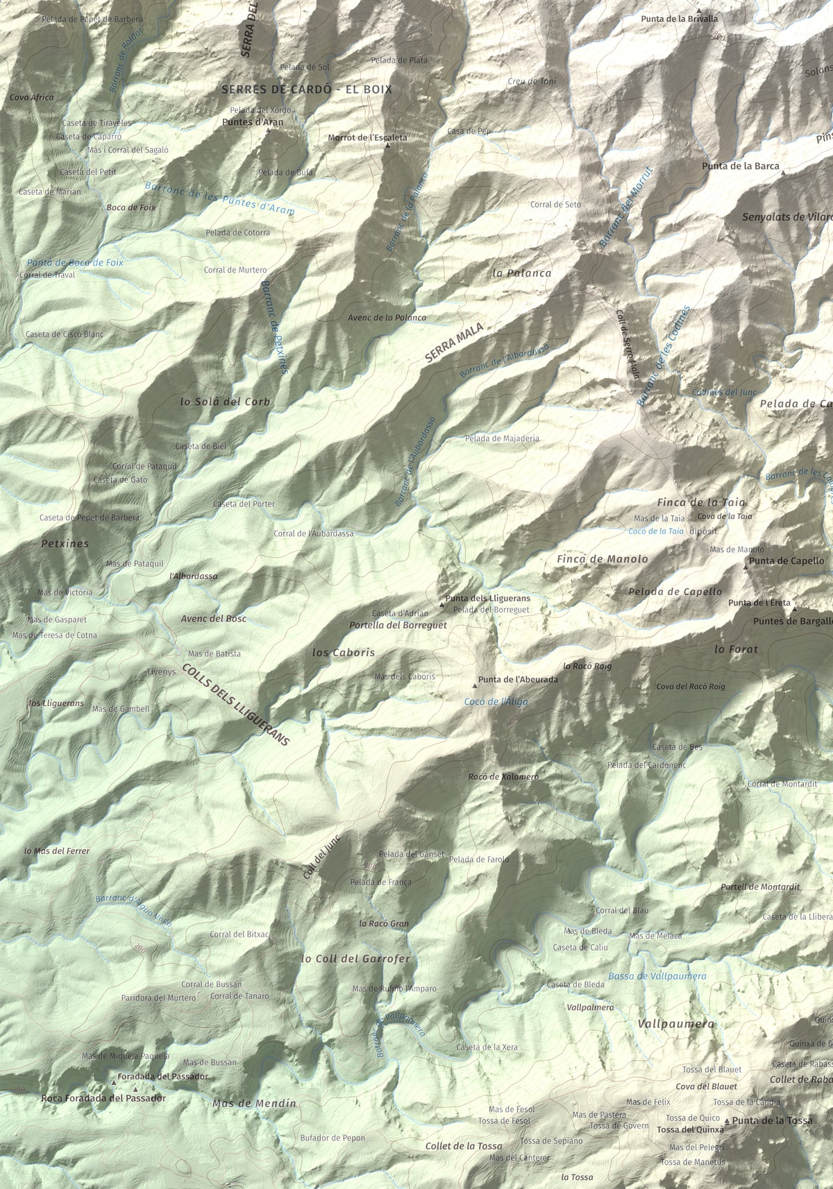 Mapa de relieve de Creu de Santos, 942 m, Baix Ebre · Ribera d'Ebre, lámina 100 Cims de Trobart. Detalle de la zona inferior izquierda. 70 × 100 cm.