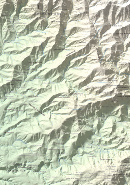 Mapa de relieve de Creu de Santos, 942 m, Baix Ebre · Ribera d'Ebre, lámina 100 Cims de Trobart. Detalle de la zona inferior izquierda. 70 × 100 cm.
