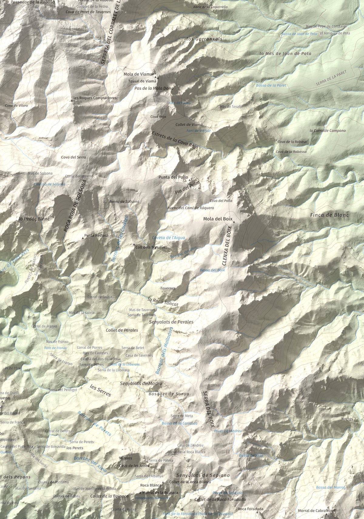 Mapa de relieve de Creu de Santos, 942 m, Baix Ebre · Ribera d'Ebre, lámina 100 Cims de Trobart. Detalle de la zona inferior derecha. 70 × 100 cm.