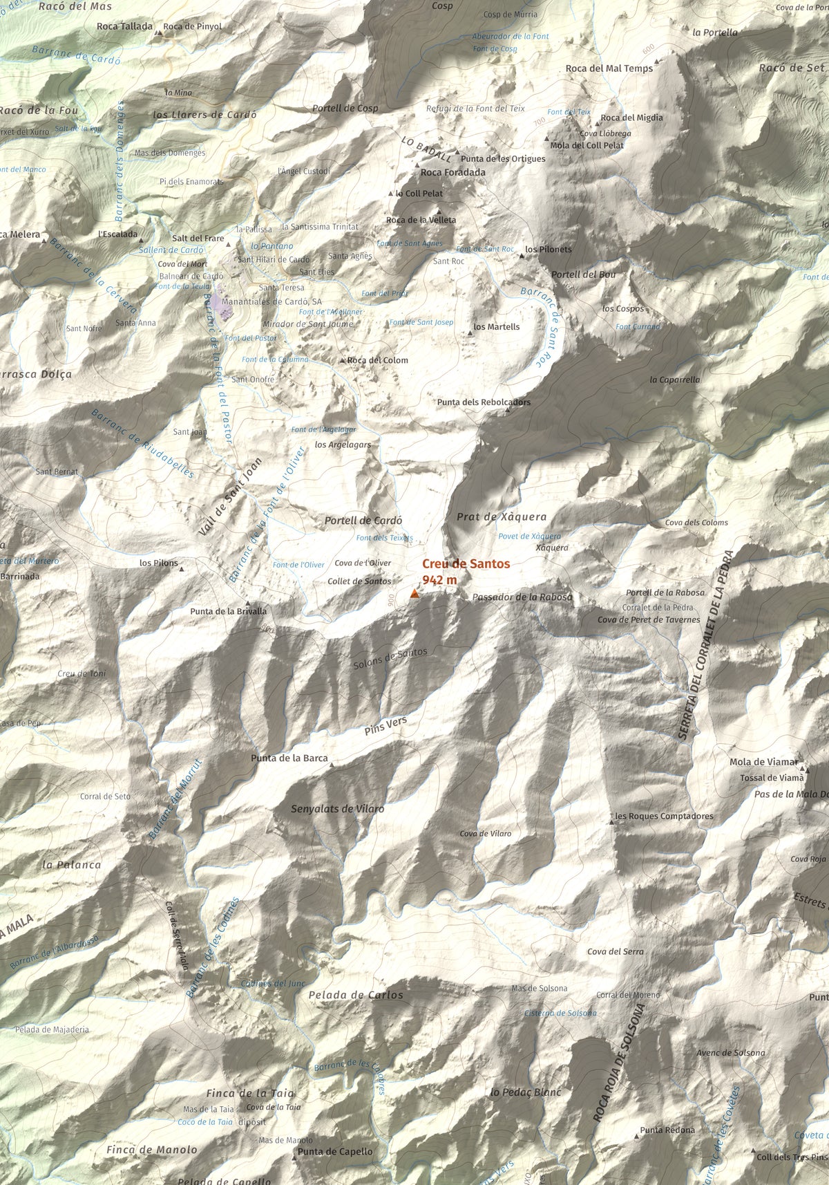 Mapa de relieve de Creu de Santos, 942 m, Baix Ebre · Ribera d'Ebre, lámina 100 Cims de Trobart. Detalle de la zona central. 70 × 100 cm.