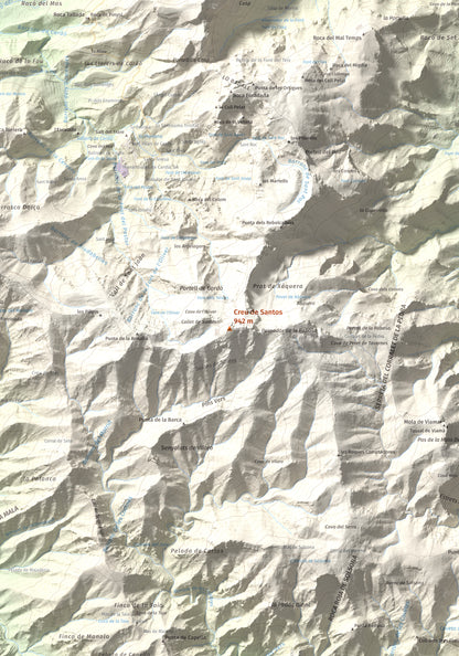 Mapa de relieve de Creu de Santos, 942 m, Baix Ebre · Ribera d'Ebre, lámina 100 Cims de Trobart. Detalle de la zona central. 70 × 100 cm.