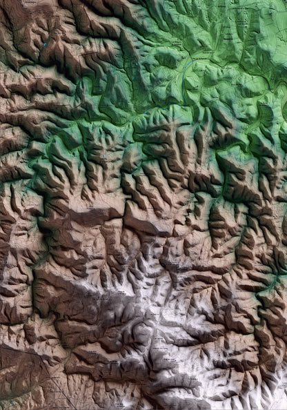 Mapa artístico del relieve de Cruïlles, Monells i Sant Sadurní de l'Heura, al Baix Empordà, con 15 km de entorno y base topográfica ICGC. Detalle de la zona inferior izquierda.