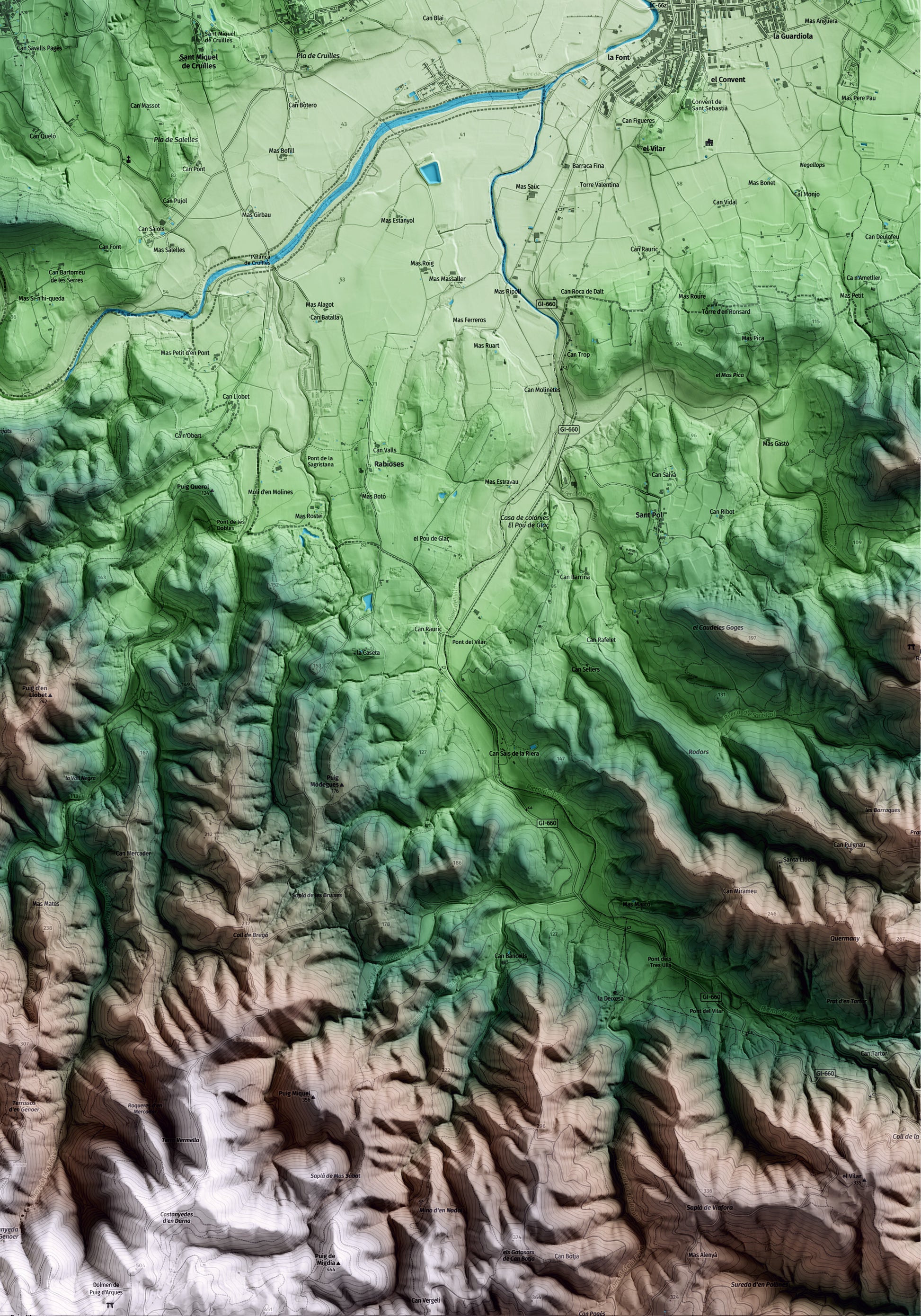 Mapa artístico del relieve de Cruïlles, Monells i Sant Sadurní de l'Heura, al Baix Empordà, con 15 km de entorno y base topográfica ICGC. Detalle de la zona inferior derecha.