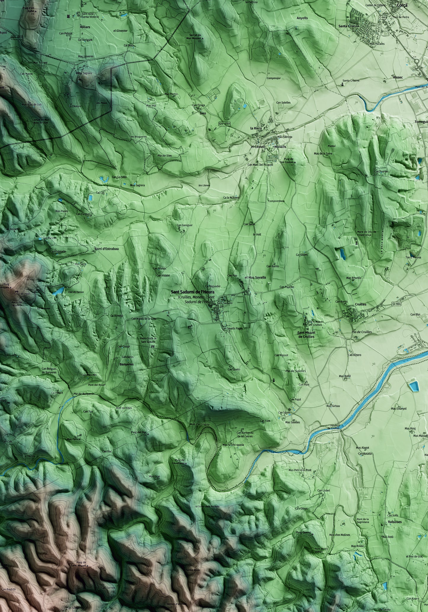 Mapa artístico del relieve de Cruïlles, Monells i Sant Sadurní de l'Heura, al Baix Empordà, con 15 km de entorno y base topográfica ICGC. Detalle de la zona central.